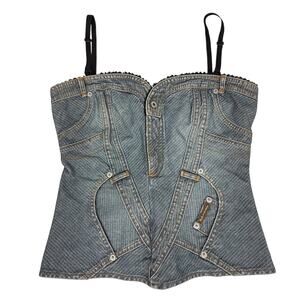 D&G Dolce & Gabbana Bustier Corset Top Blue Denim Lace Herringbone Sz S Vintage